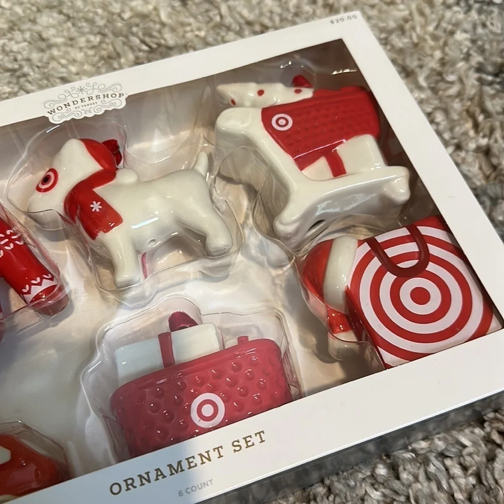 Ceramic Target Dog Christmas Tree Ornament Set 6pc Red/White Wondershop New